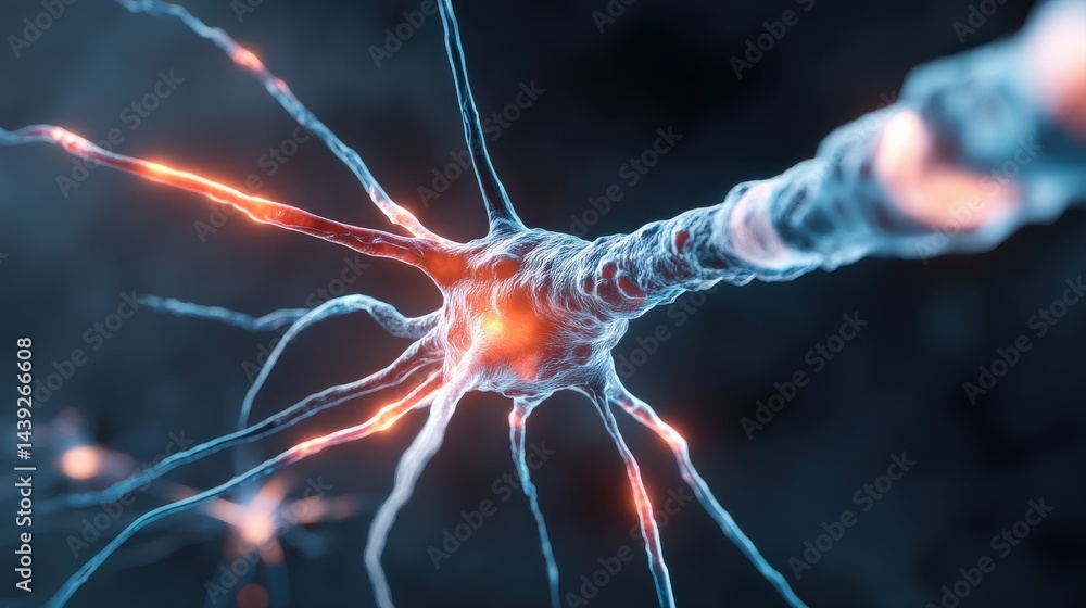 Poster a close-up, digital illustration of a neuron cell with glowing synapses and dendrites transmitting e