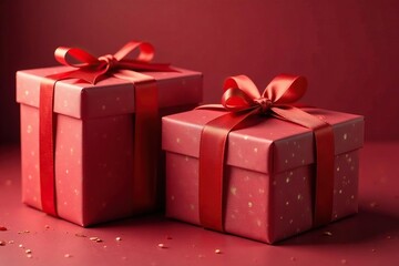 Fototapeta premium Elegant red ribbon tied gift boxes, gold accents, boxes, illustration, pattern