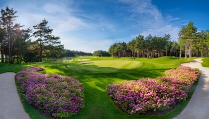 Obraz premium A lush golf course with vibrant flower beds, green fairways, sand bunkers, and tall trees under a bright blue sky.