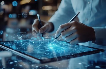 A person uses a tablet to draw and interact with data visualizations.  Digital design, network modeling, and information architecture are apparent