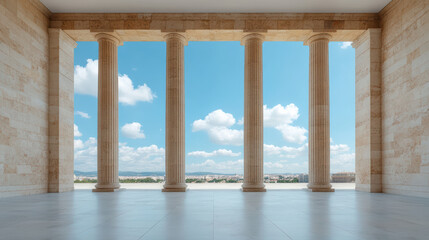 Fototapeta premium Ancient columns create stunning view of sky and landscape beyond, evoking sense of grandeur