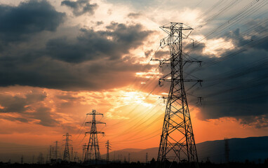 Fototapeta premium Sunset Silhouette: Power Towers in Dramatic Sky