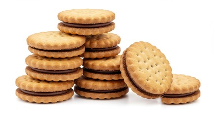 A stack of sandwich cookies with chocolate filling on white surface