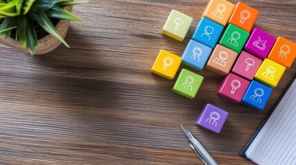 Colorful blocks and a pen on wooden desk