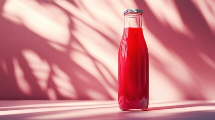 A fruit juice bottle mockup with a minimalist design, showcasing a vibrant red juice inside, placed on a white background with soft lighting 