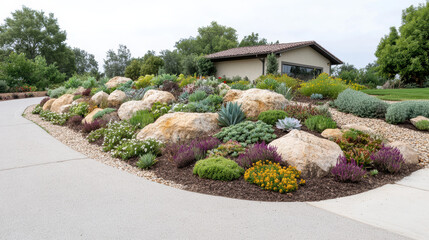 Drought tolerant landscape featuring colorful succulents, rocks, and greenery