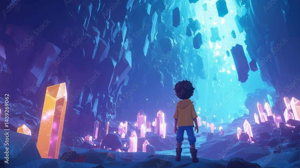 Poster exploring the enchanted crystal cave filled with luminous gems and magical light at twilight