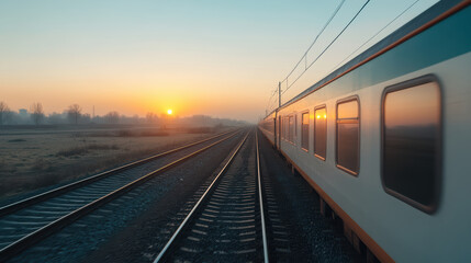 Obraz premium Sunset view from train window, showcasing soft shadows and reflections on glass