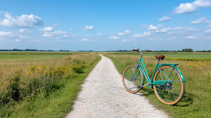 Fototapeta premium Vintage bicycle parked on rural gravel path surrounded by lush greenery and blue skies