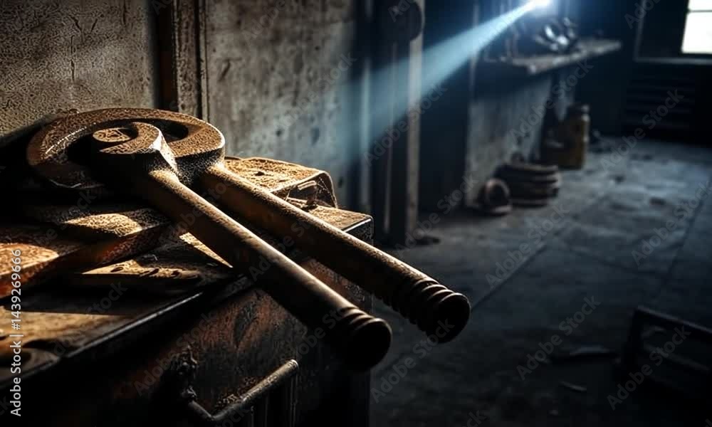 Poster rusty tools resting on a workbench in an abandoned workshop illuminated by sunlight