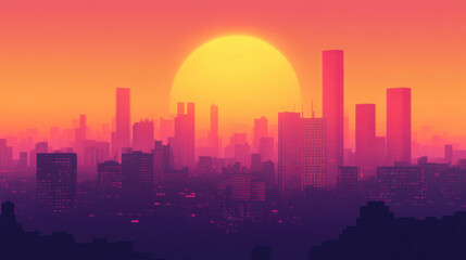 Fototapeta premium Elevated perspective of a futuristic city skyline at sunset clean urban architectural design