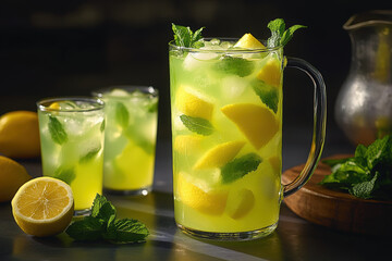 Fototapeta premium Refreshing Lemonade With Mint and Ice. Refreshing lemonade, with lemon wedges and mint leaves, perfect for a hot summer day.