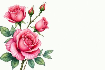 Fototapeta premium Delicate watercolor roses, intertwined leaves & buds, design, textile