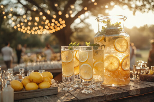 Refreshing Lemonade Drinks at a Party. Refreshing lemonade served at an outdoor event, with slices of lemon and sprigs of mint, perfect for summer gatherings and celebrations.
