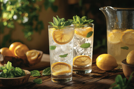 Refreshing Lemon Mint Drink with Ice. Two refreshing glasses of lemon and mint-infused water with ice, perfect for a hot day, sit beautifully on a wooden table. - Powered by Adobe