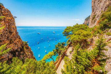 Via Krupp on Capri island in Italy. Faraglioni Rocks, Marina Piccola and Monte Solaro on Capri...
