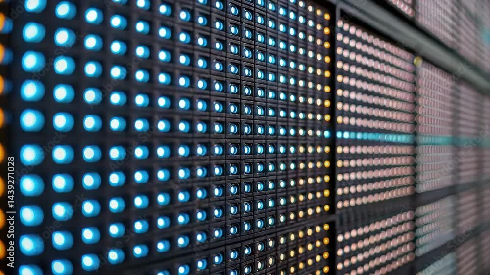 Poster led light panel controls facility production line with blue and orange lights creating modern techno
