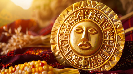 Fototapeta premium Golden sun medallion with Andean patterns on crimson fabric, surrounded by corn and quinoa offerings, symbolizing Inti Raymi's sacred connection to