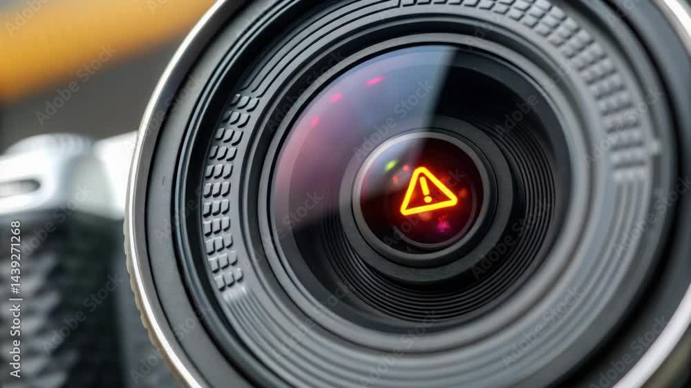 Poster warning sign inside camera lens controls facility of production line ensuring safety and quality wit