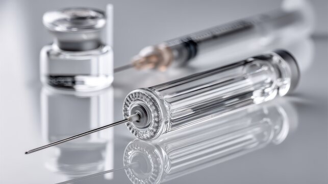 Close-up of a sterile medical syringe and needle, ready for injection - biological industry tip preventable flu
