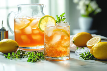 Iced Tea with Lemon and Mint Refreshment. A refreshing glass of iced tea with lemon and mint, alongside a pitcher and fresh lemons.