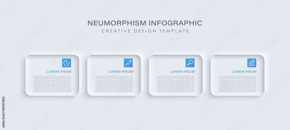 Poster four steps vector infographic design template with small icons and place for data. neumorphism style