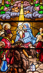Stained glass (19th century) of Christmas Nativity Scene : Adoration of the Magi as they present...
