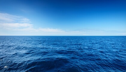 Obraz premium A vast, calm ocean stretches to the horizon under a clear blue sky with scattered clouds.