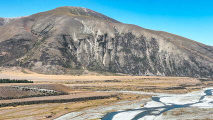 The Ahuriri braided river  flowing through the  Ahuriri conservation valley area  in Canterbury NZ