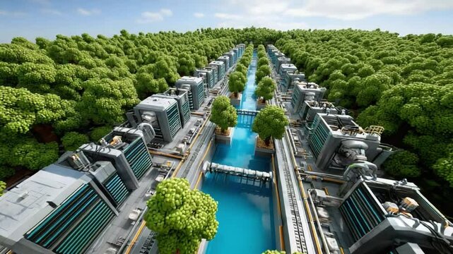 Modern Eco-City: A visionary modern eco-city design integrates cutting-edge infrastructure and lush natural elements to create a sustainable urban environment.