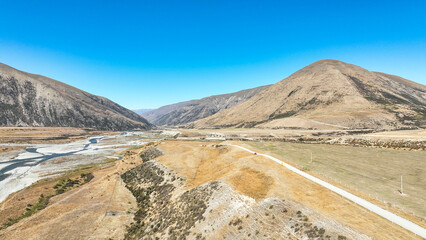 The Ahuriri braided river  flowing through the  Ahuriri conservation valley area  in Canterbury NZ