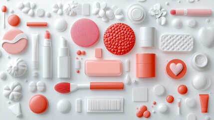 Beauty skin cosmetic products flat lay arrangement minimalist aesthetic top-down view