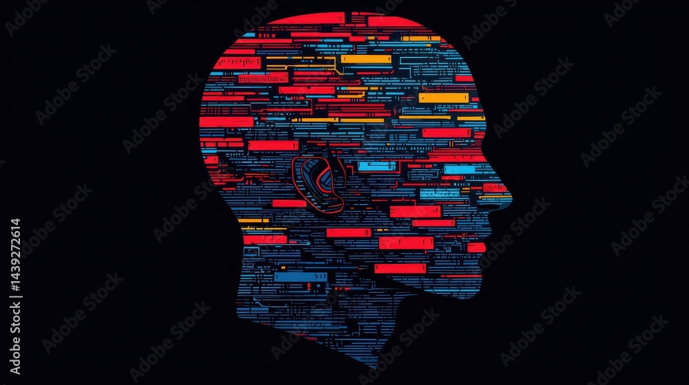 Poster abstract illustration of a head filled with colorful data and digital patterns.