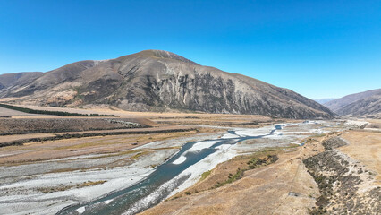 The Ahuriri braided river  flowing through the  Ahuriri conservation valley area  in Canterbury NZ