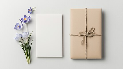 Blank card and gift box with spring flowers