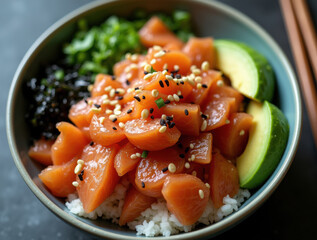 Delicious salmon and avocado poke bowl garnished with sesame seeds and seaweed, stylized food photography