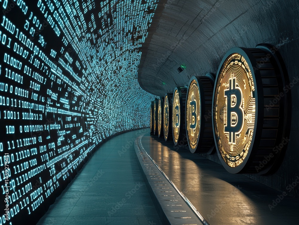 Poster futuristic representation of bitcoin in a digital tunnel with glowing data patterns.