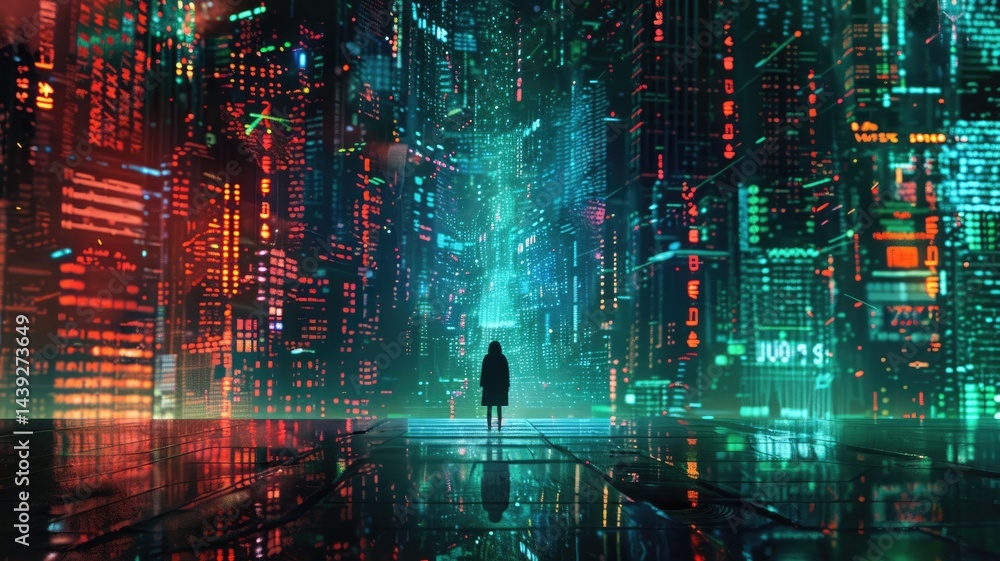 Poster explore a mesmerizing futuristic cityscape filled with vibrant neon lights and data elements, creati