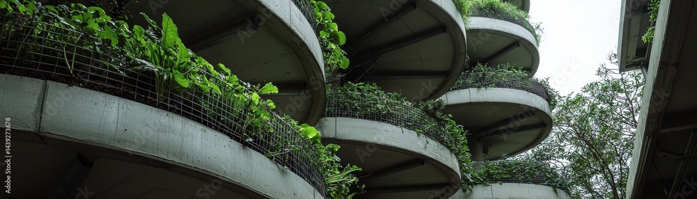 Poster modern architectural design featuring curving structures and lush greenery.