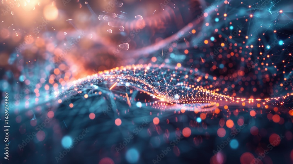 Poster this vibrant abstract image features geometric representations with flowing lines and glowing dots. 