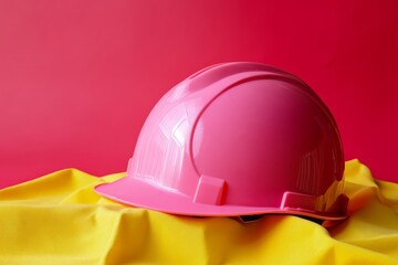 Pink safety helmet resting on yellow fabric.
