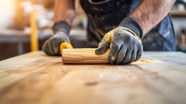 Carpenter Sanding Wood in Workshop
