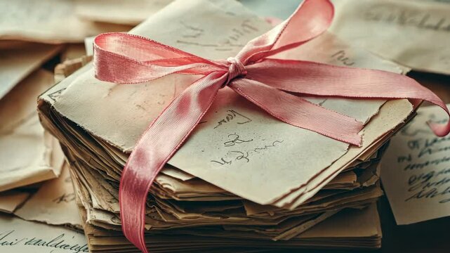 Nostalgic bundle of vintage letters tied with pink ribbon