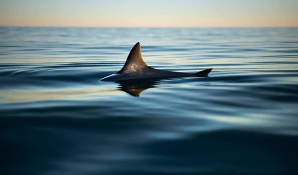 Shark fin emerging from calm ocean waters during sunset, creating a serene yet thrilling atmosphere