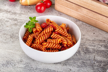 Italian fusilli pasta with tomatoes