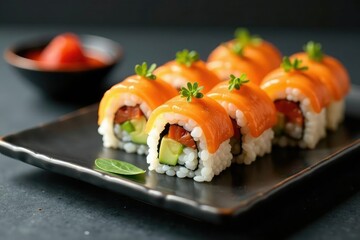 Fresh sushi rolls, vibrant colors, minimalist setting, nigiri, background, shadow