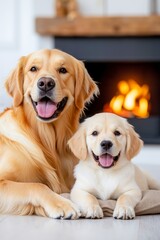 A couple of dogs laying next to each other in front of a fireplace