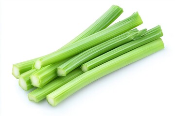 Fresh green celery stalks arranged neatly on a white background, ideal for healthy recipes