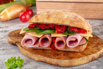 Ciabatta with mortadella, tomato, cheese and spinach