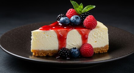 Slice of delicious cheesecake with fresh berries and sauce on dark plate